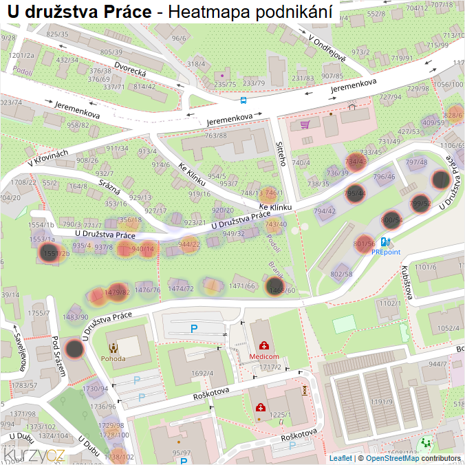 Mapa U družstva Práce - Firmy v ulici.