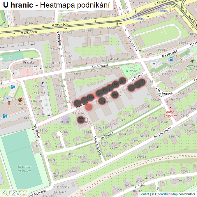 Mapa U hranic - Firmy v ulici.