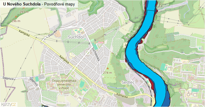 U Nového Suchdola - záplavové mapy stoleté vody
