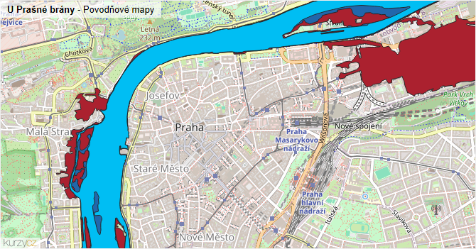 U Prašné brány - záplavové mapy stoleté vody