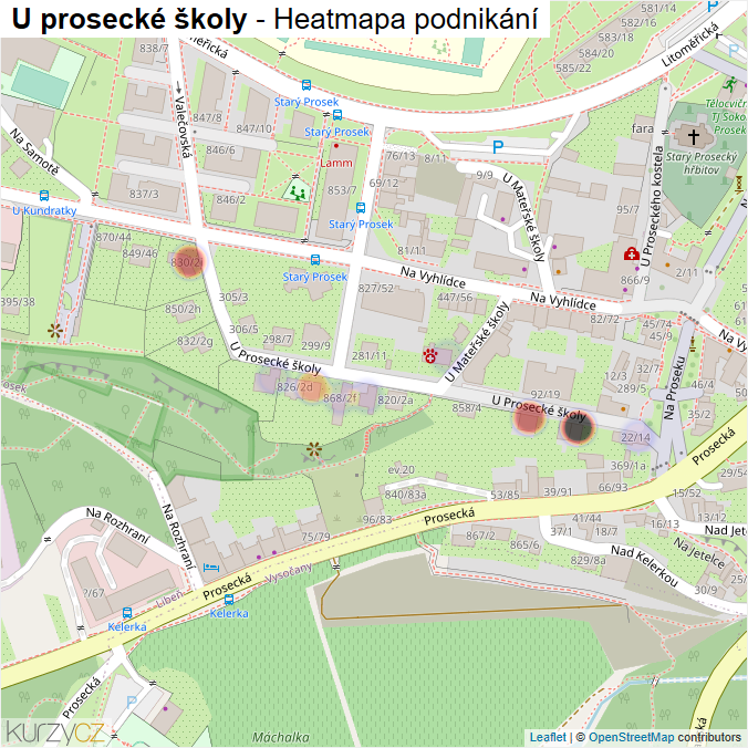 Mapa U prosecké školy - Firmy v ulici.