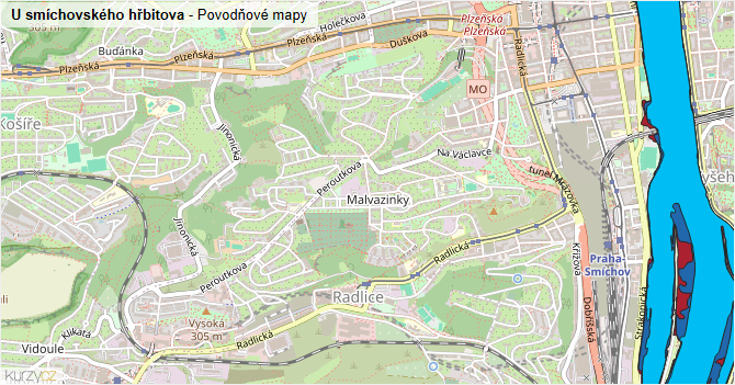 U smíchovského hřbitova - záplavové mapy stoleté vody