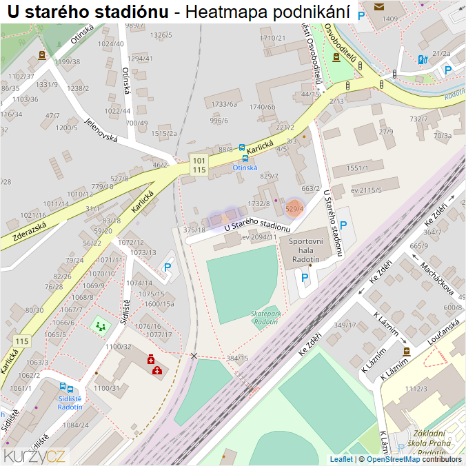 Mapa U starého stadiónu - Firmy v ulici.