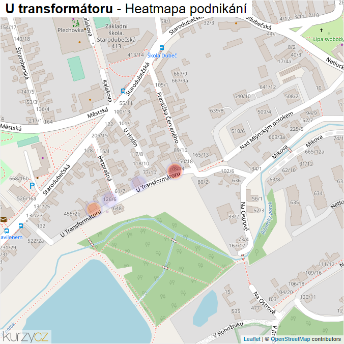 Mapa U transformátoru - Firmy v ulici.
