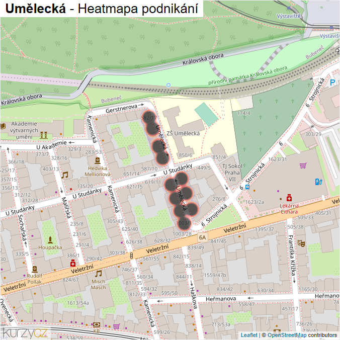 Mapa Umělecká - Firmy v ulici.