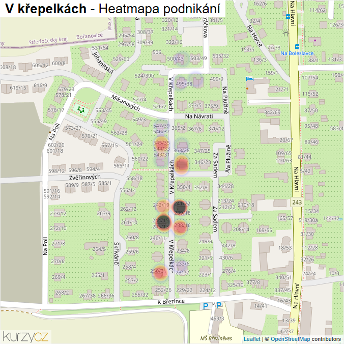 Mapa V křepelkách - Firmy v ulici.