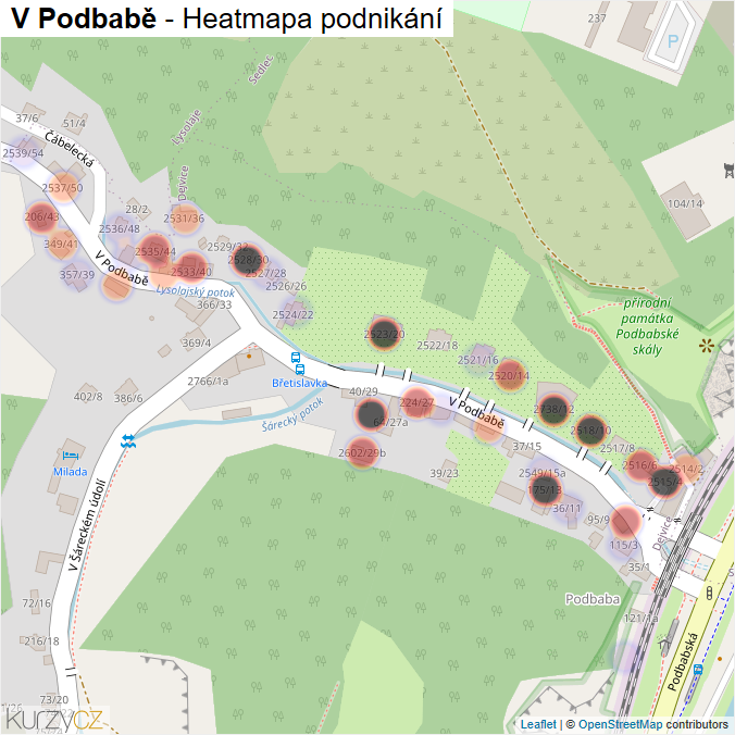 Mapa V Podbabě - Firmy v ulici.