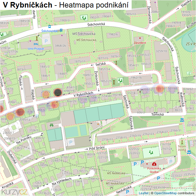 Mapa V Rybníčkách - Firmy v ulici.