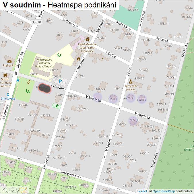 Mapa V soudním - Firmy v ulici.