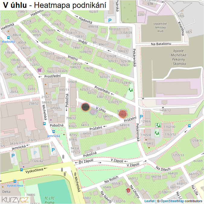 Mapa V úhlu - Firmy v ulici.
