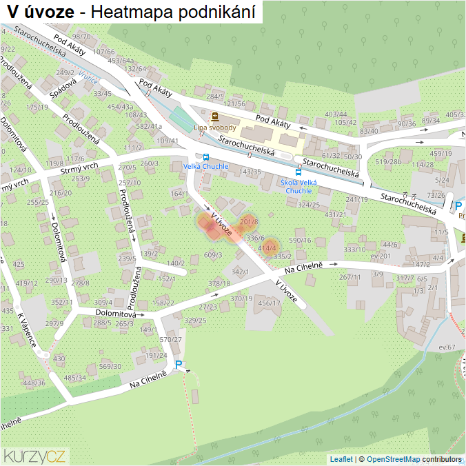 Mapa V úvoze - Firmy v ulici.