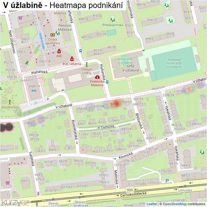 Mapa V úžlabině - Firmy v ulici.