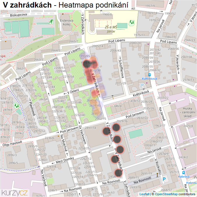 Mapa V zahrádkách - Firmy v ulici.