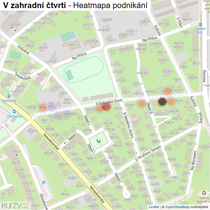 Mapa V zahradní čtvrti - Firmy v ulici.