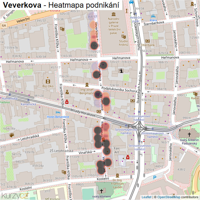Mapa Veverkova - Firmy v ulici.
