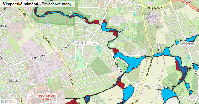 Vimperské náměstí - záplavové mapy stoleté vody