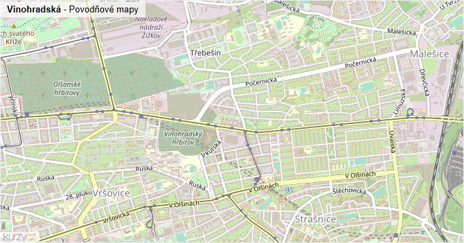 Vinohradská - záplavové mapy stoleté vody