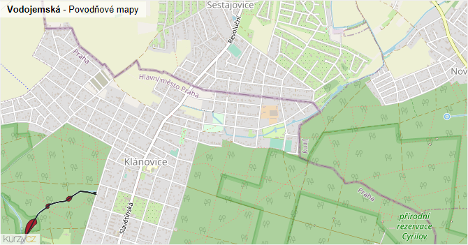 Vodojemská - záplavové mapy stoleté vody