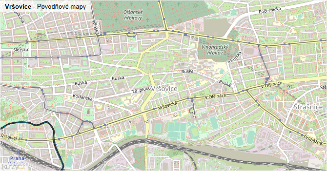 Vršovice - záplavové mapy stoleté vody