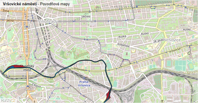 Vršovické náměstí - záplavové mapy stoleté vody