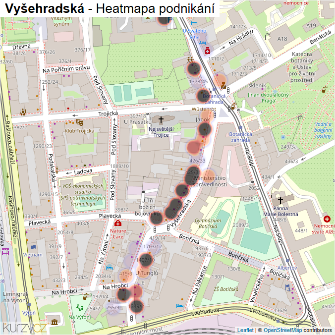 Mapa Vyšehradská - Firmy v ulici.