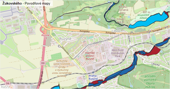 Žukovského - záplavové mapy stoleté vody
