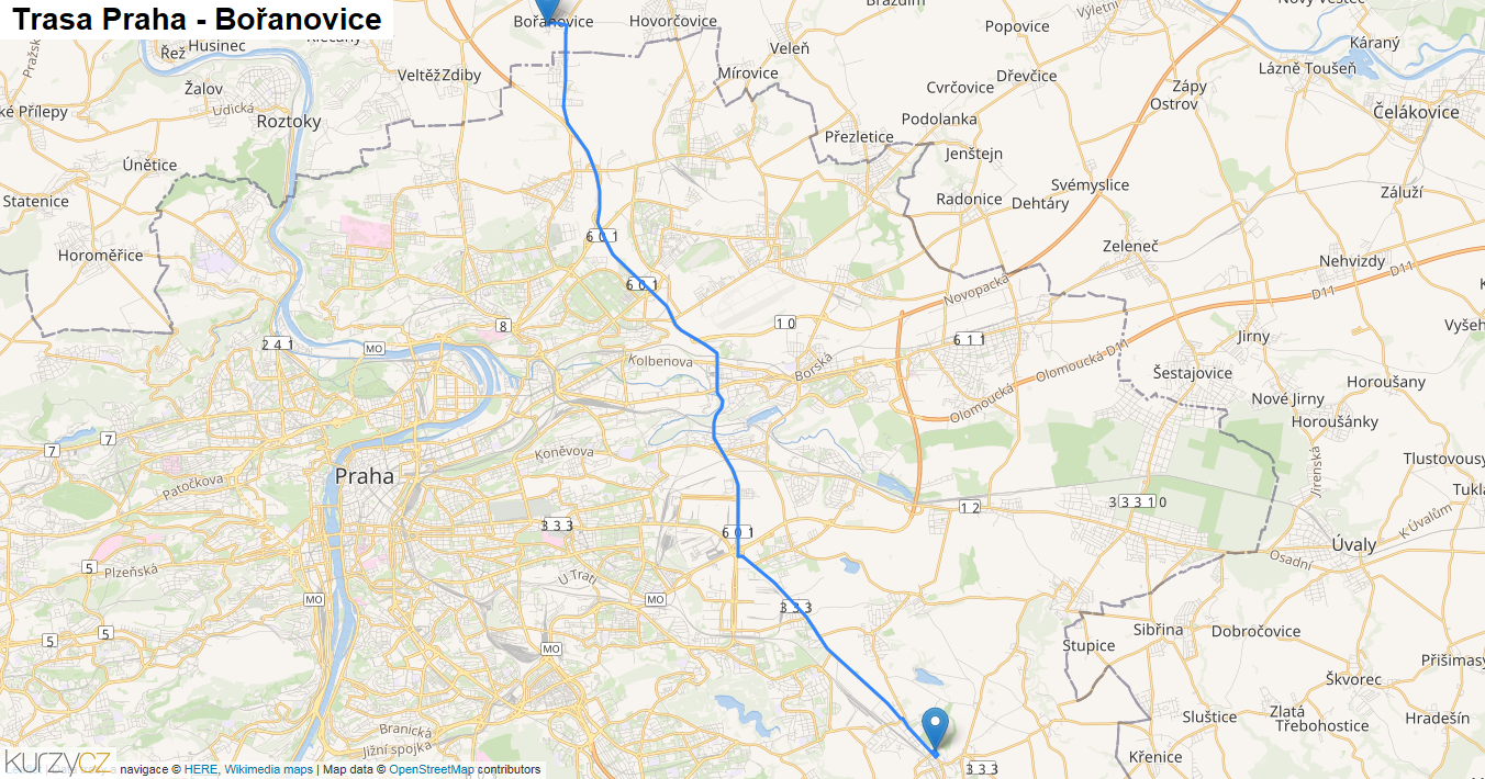 Praha-Bořanovice, mapa trasy