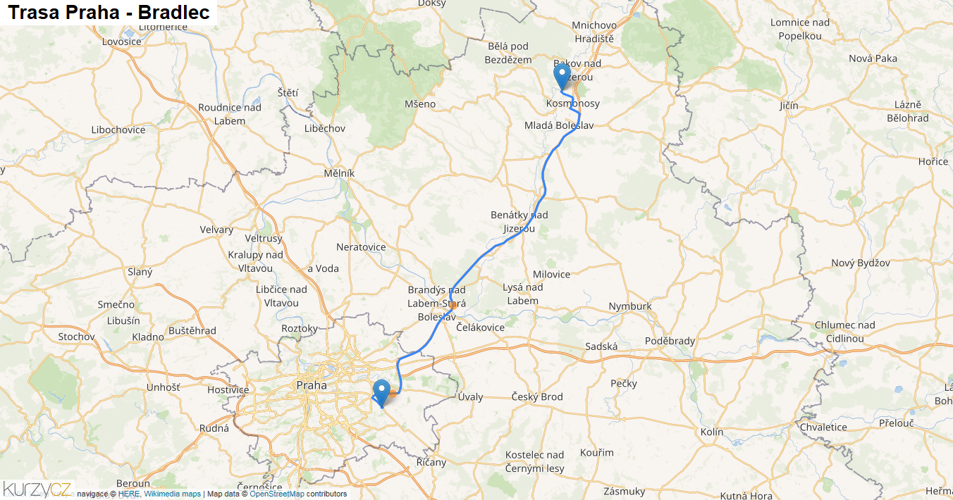 Praha-Bradlec, mapa trasy