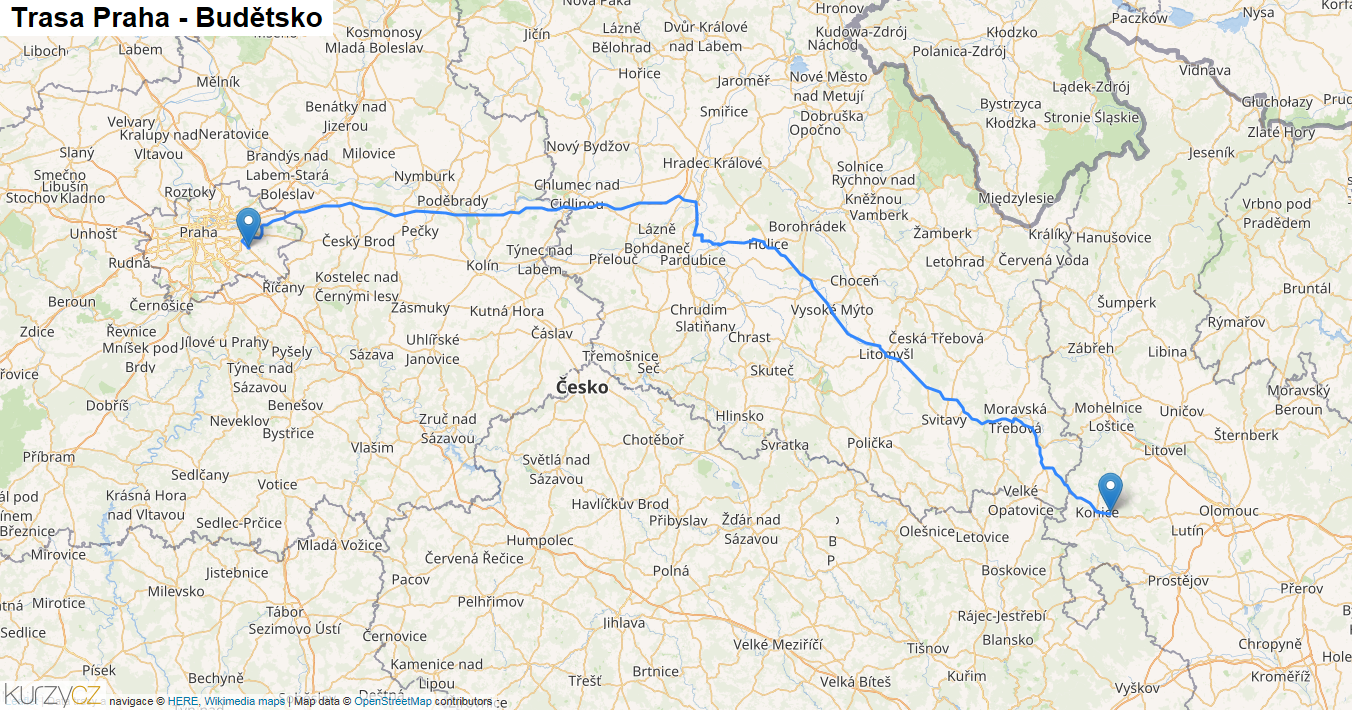 Praha-Budětsko, mapa trasy