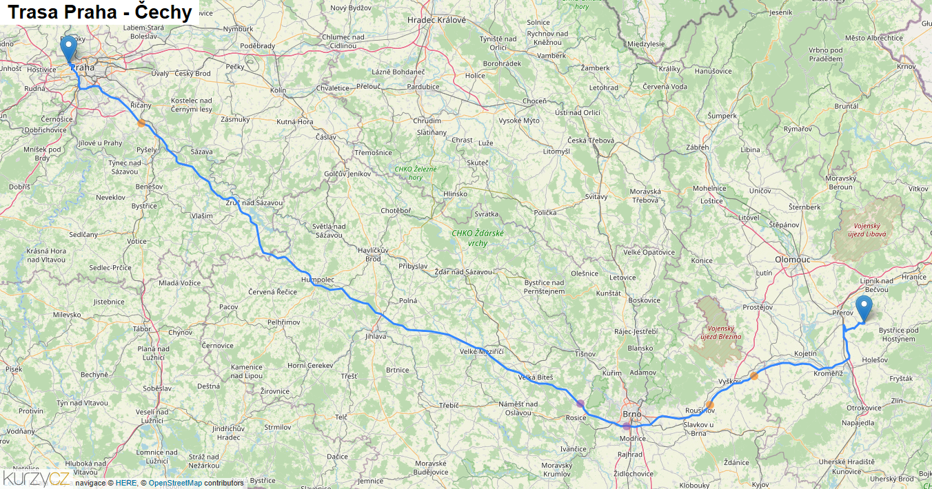 Praha-Čechy, mapa trasy