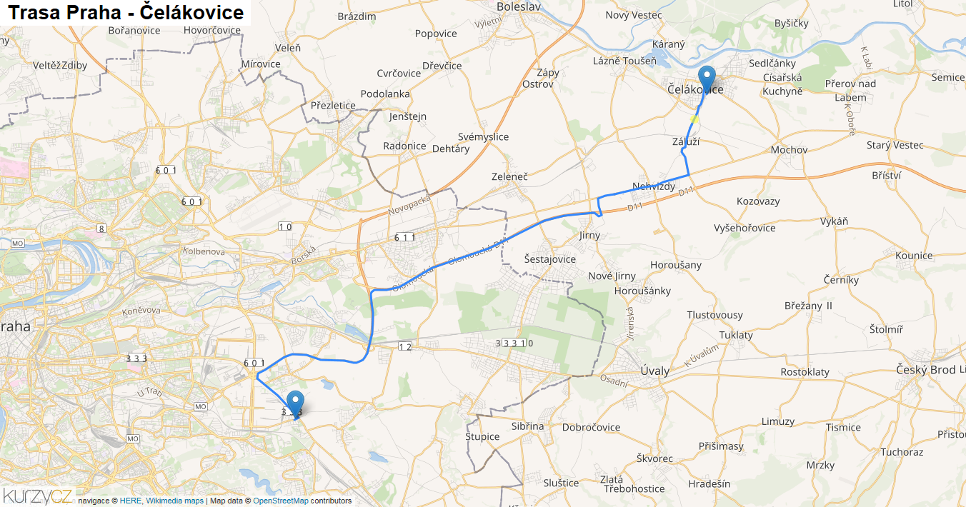 Praha-Čelákovice, mapa trasy