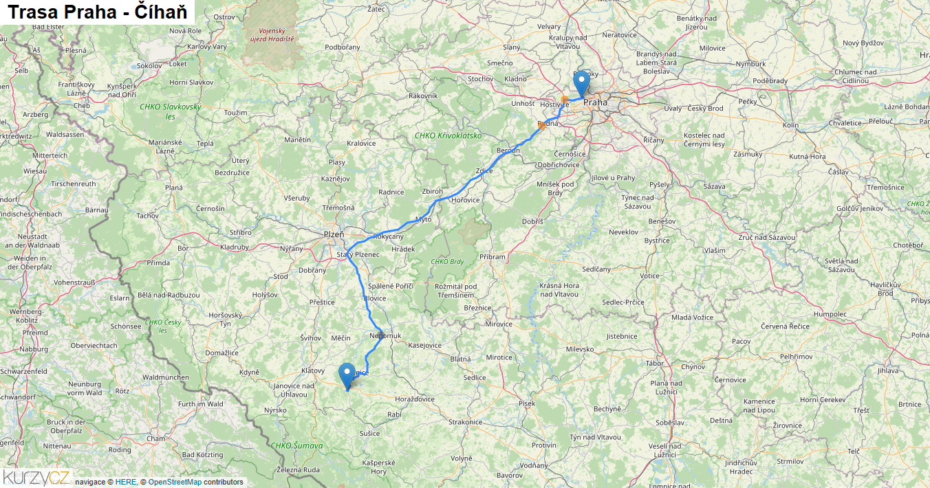 Praha-Číhaň, mapa trasy