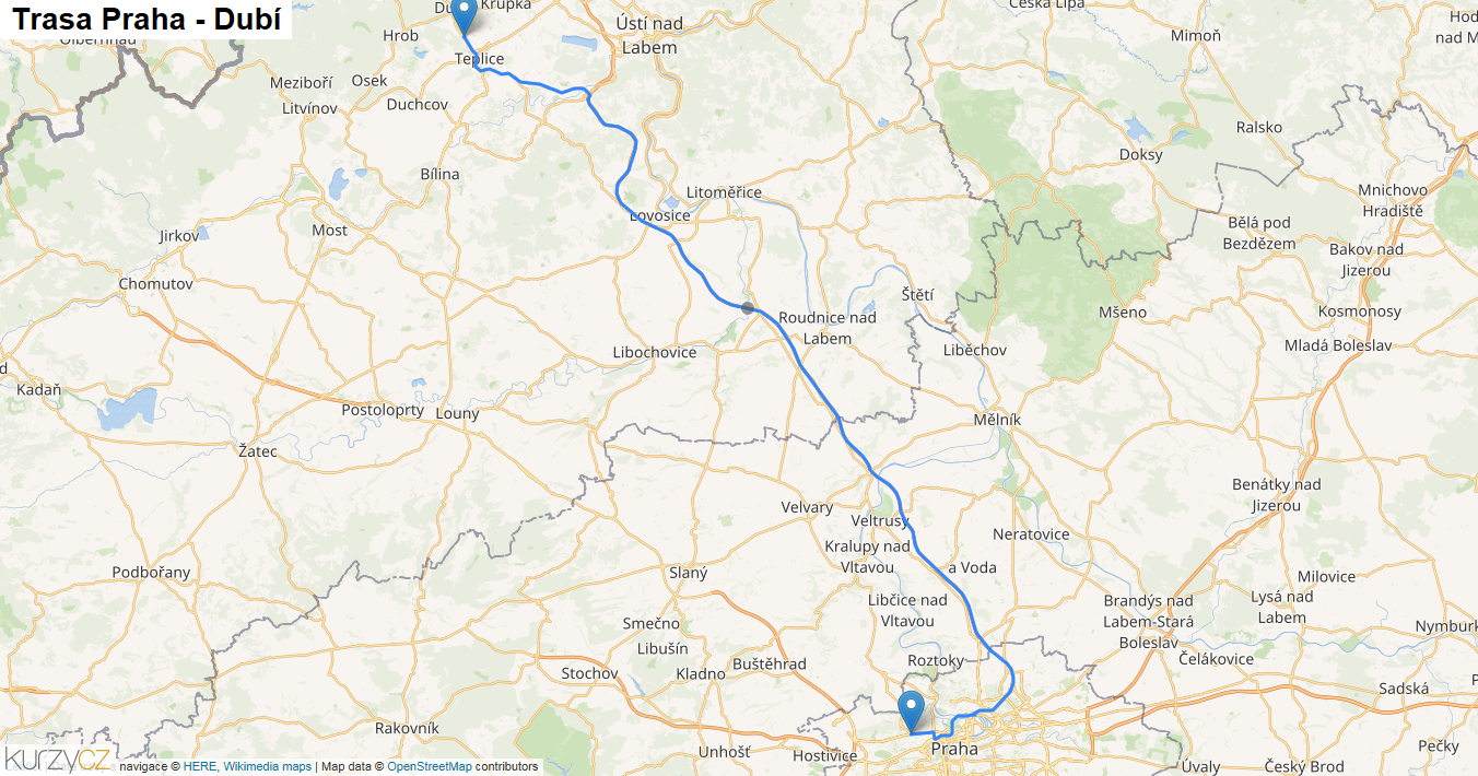 Praha-Dubí, mapa trasy
