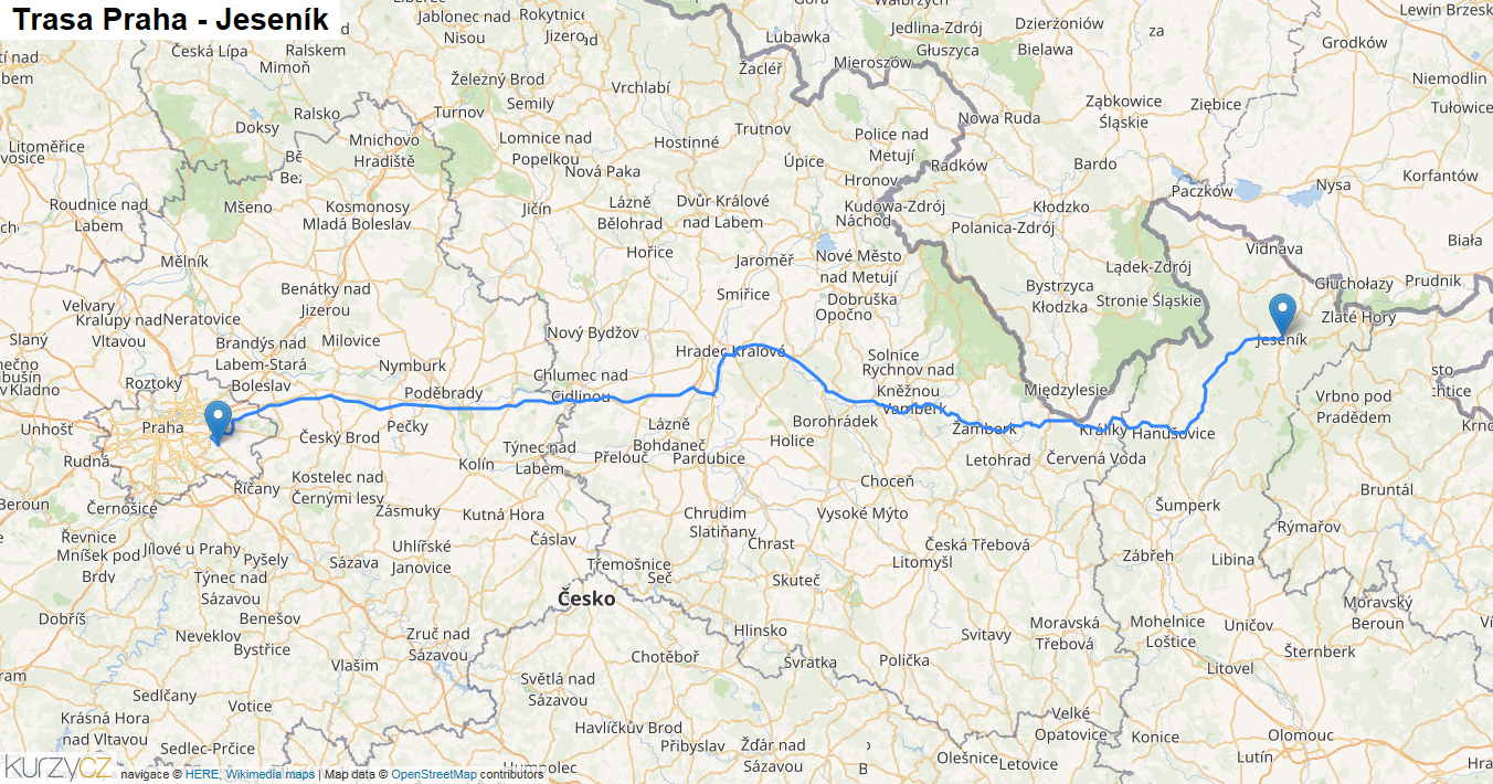 Praha-Jeseník, mapa trasy