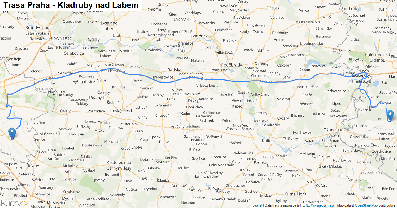 Praha-Kladruby nad Labem, mapa trasy