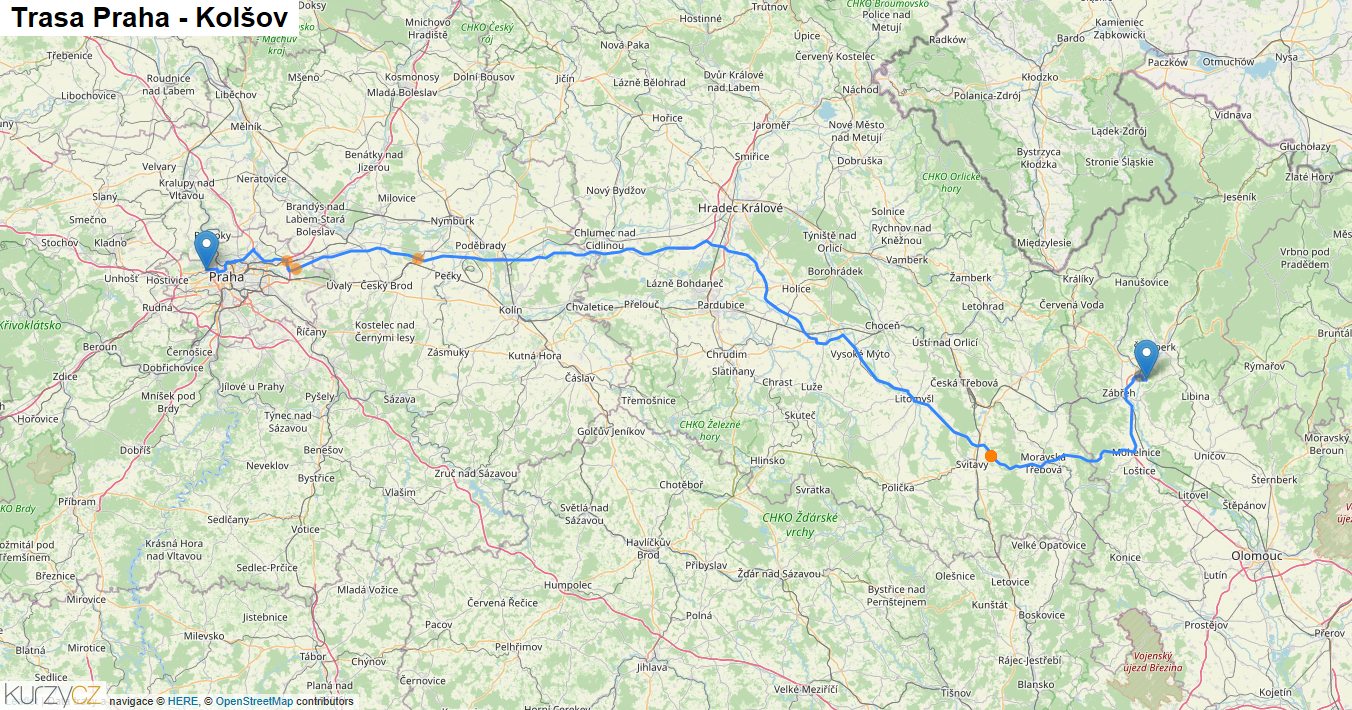Praha-Kolšov, mapa trasy