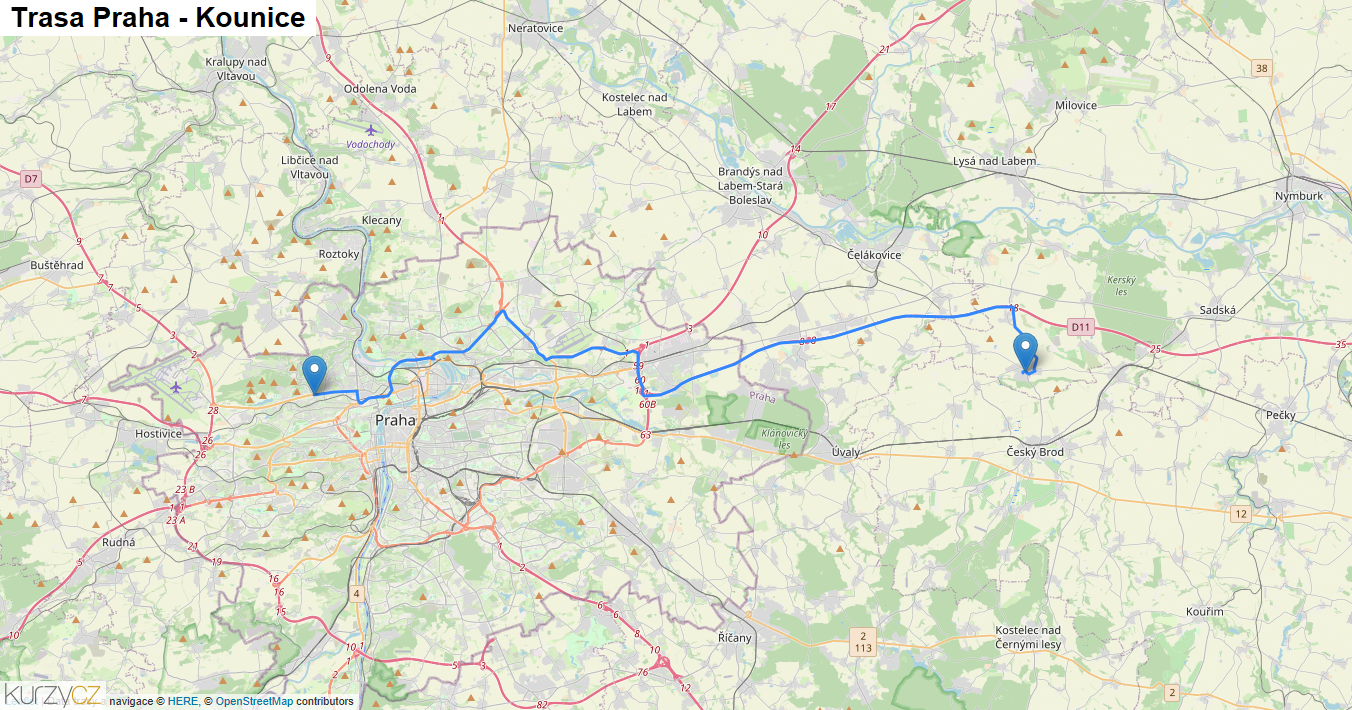 Praha-Kounice, mapa trasy