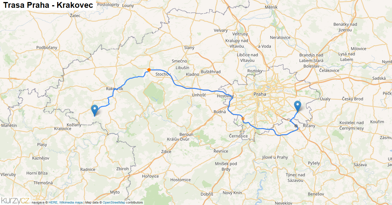 Praha-Krakovec, mapa trasy