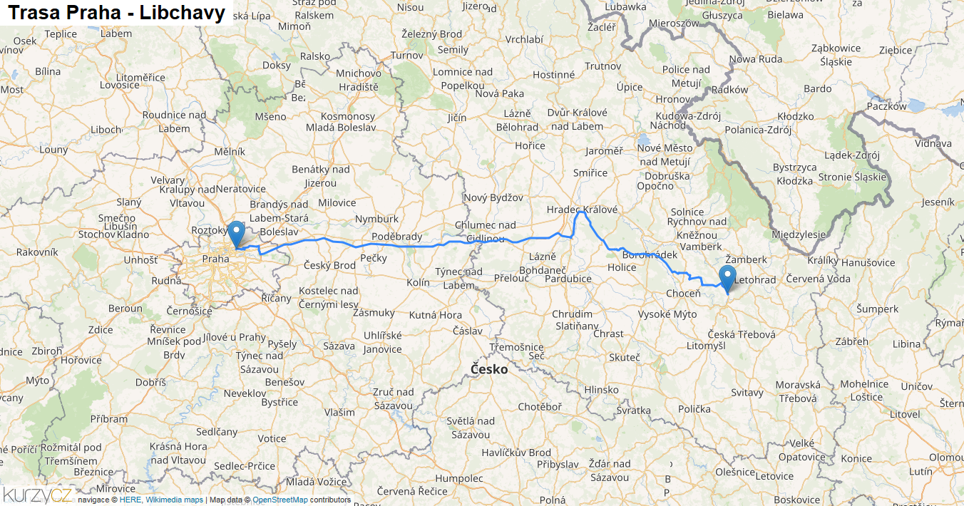 Praha-Libchavy, mapa trasy