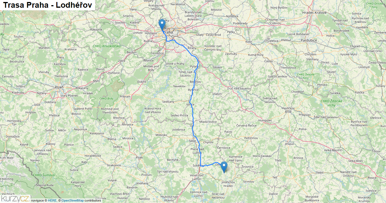 Praha-Lodhéřov, mapa trasy