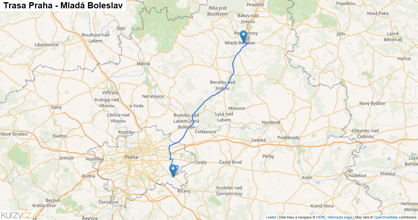 Praha-Mladá Boleslav, mapa trasy