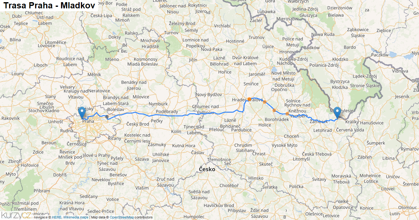 Praha-Mladkov, mapa trasy