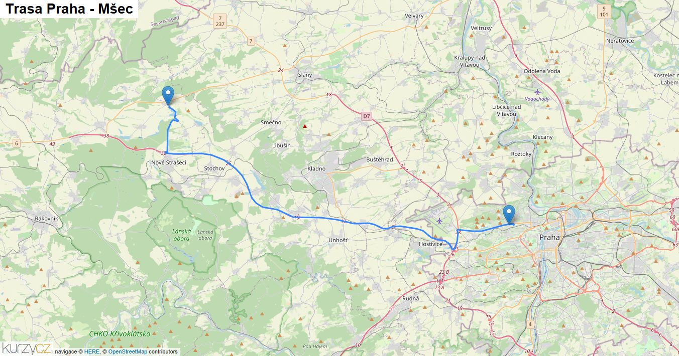 Praha-Mšec, mapa trasy