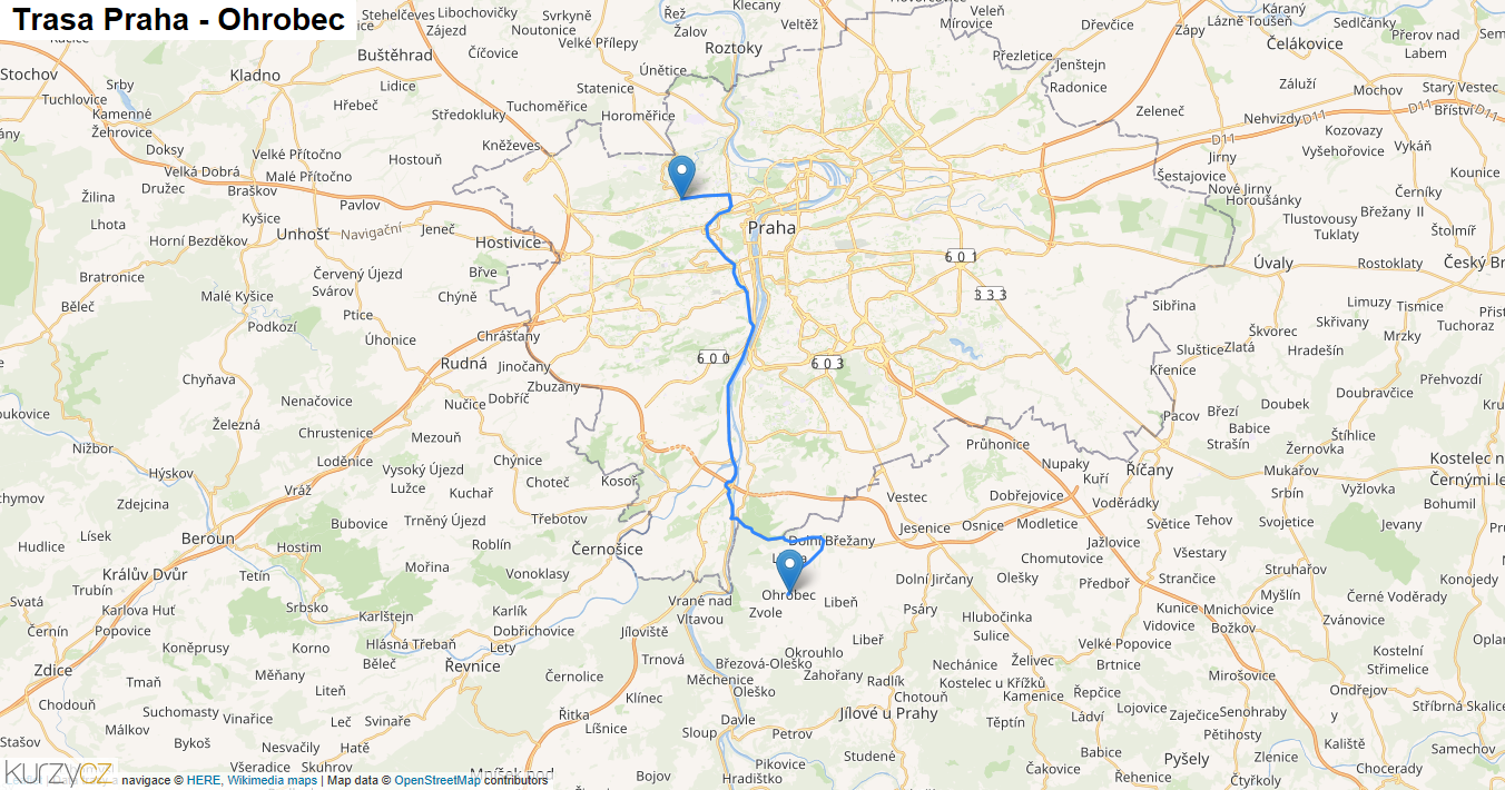 Praha-Ohrobec, mapa trasy