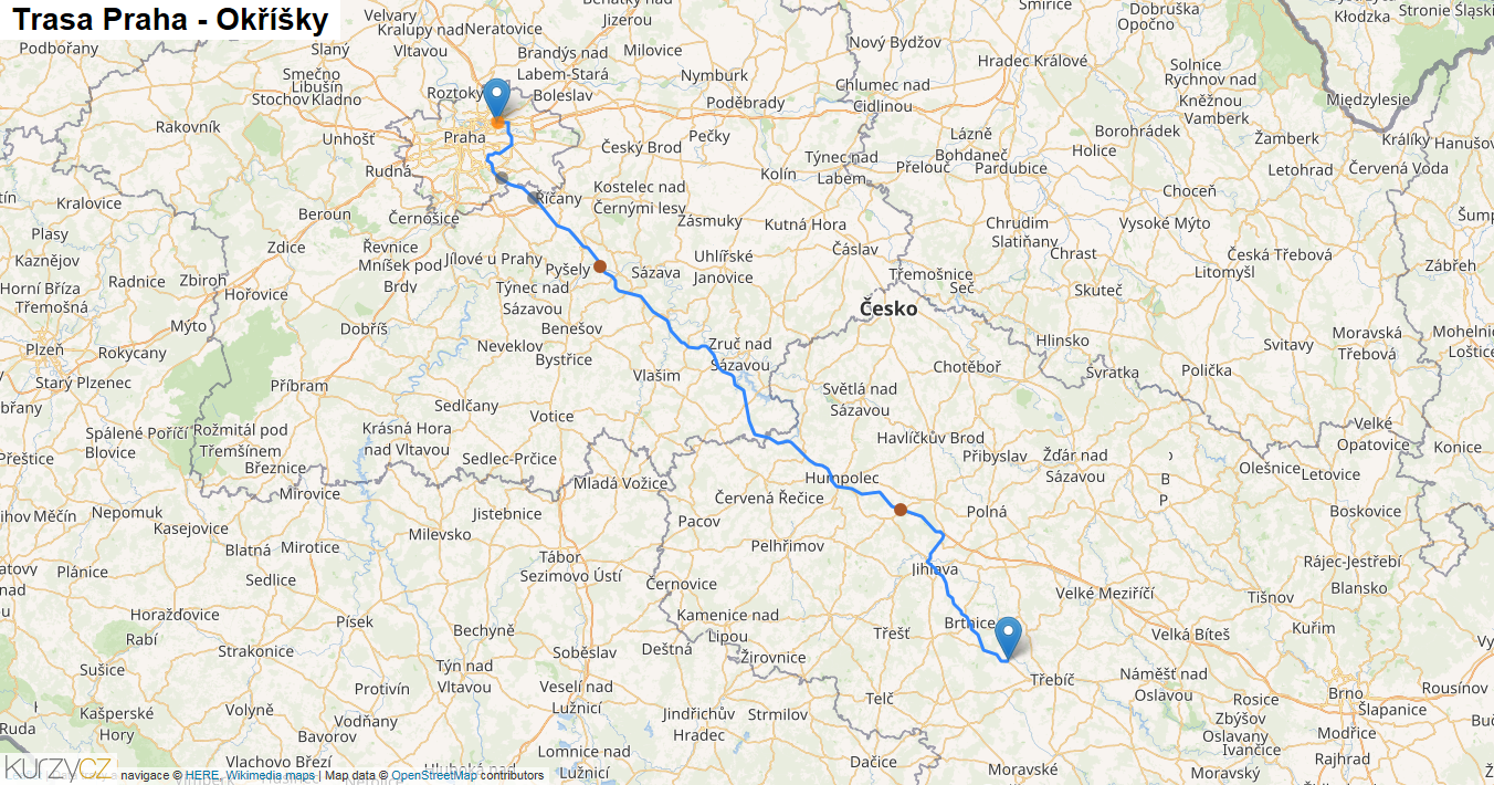 Praha-Okříšky, mapa trasy