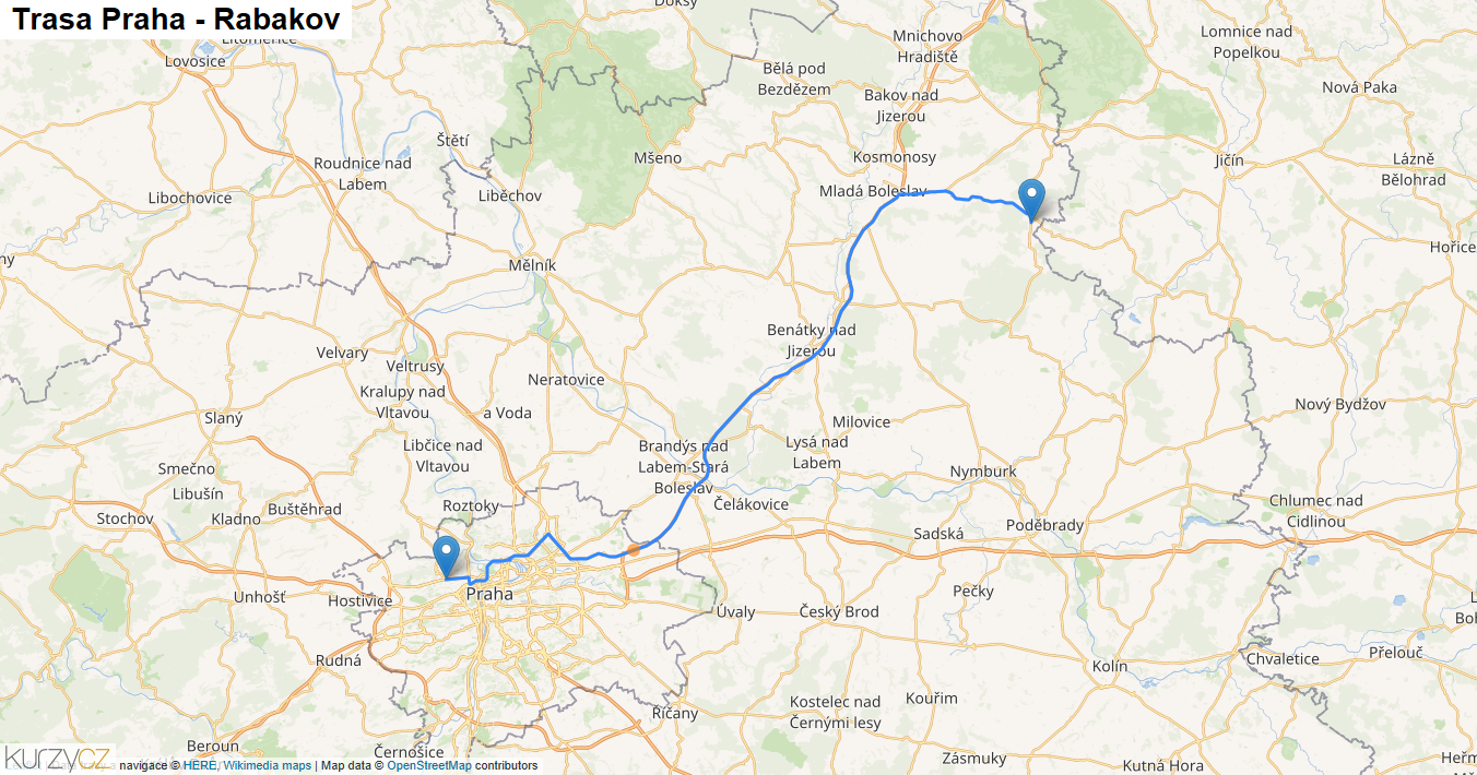 Praha-Rabakov, mapa trasy