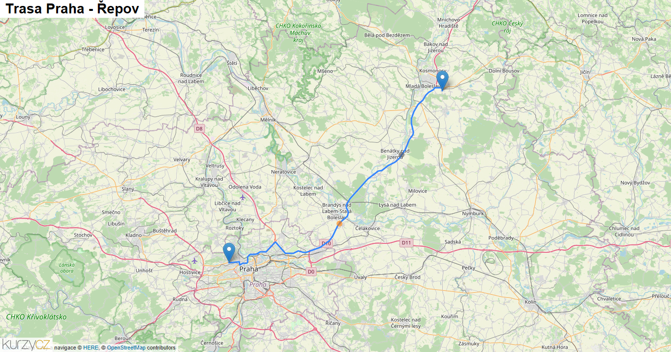 Praha-Řepov, mapa trasy