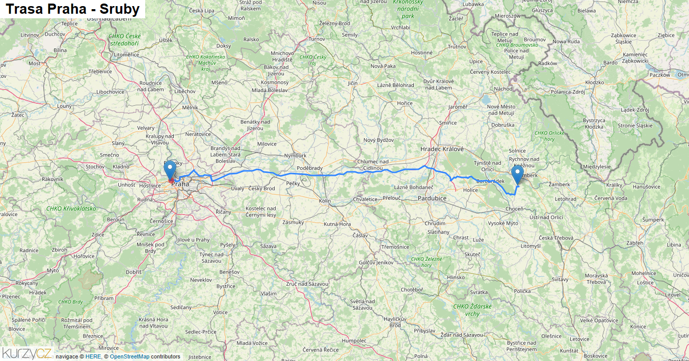 Praha-Sruby, mapa trasy