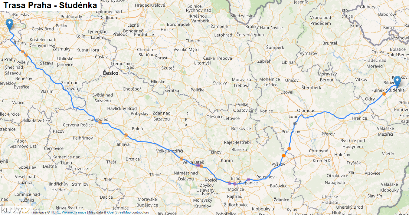 Praha-Studénka, mapa trasy