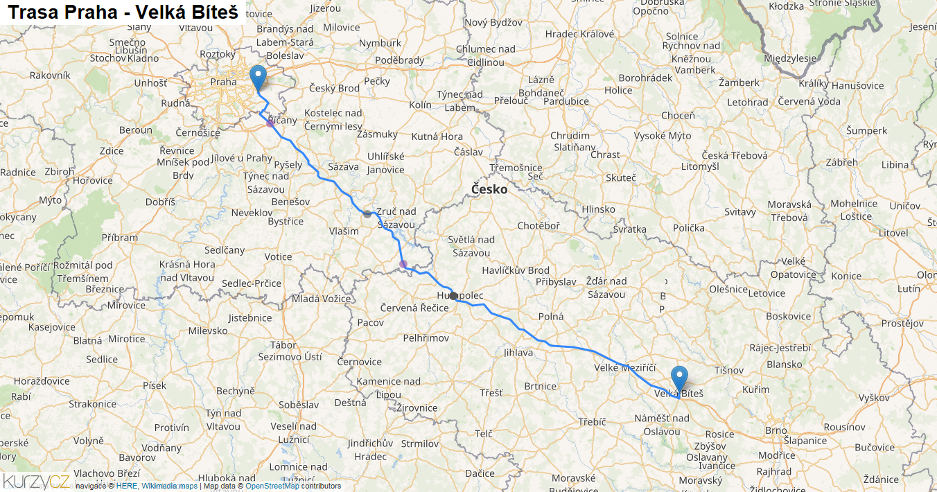 Praha-Velká Bíteš, mapa trasy
